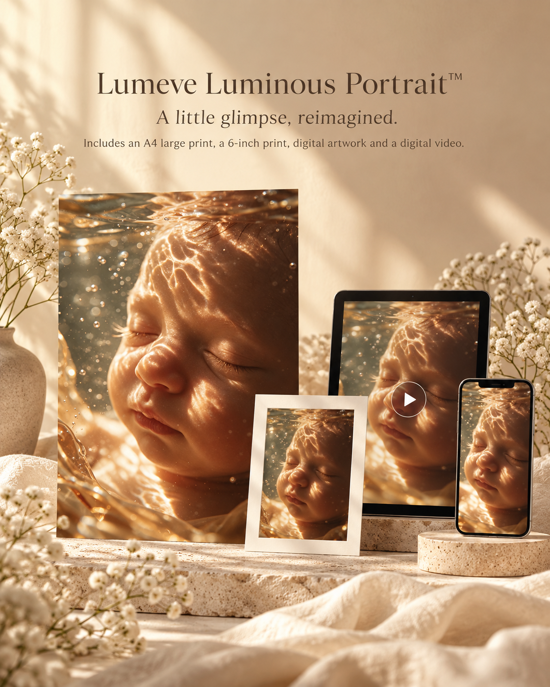 Luminous Portrait™ ultrasound artwork displayed across framed print and digital formats.