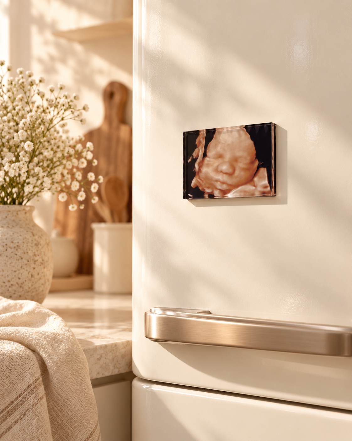 Personalised Lumeve Memory Tile™ created from baby ultrasound imagery on the fridge