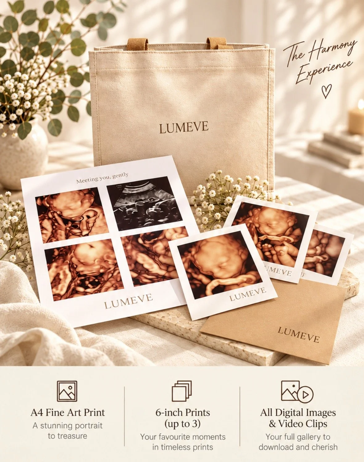 A curated collection of Lumeve ultrasound prints and pregnancy keepsakes displayed in the studio.