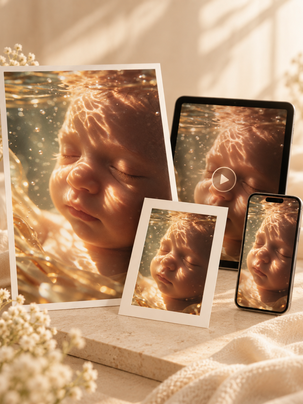 Luminous Portrait™ ultrasound artwork inspired by the fluid world surrounding baby, displayed in framed and digital formats.