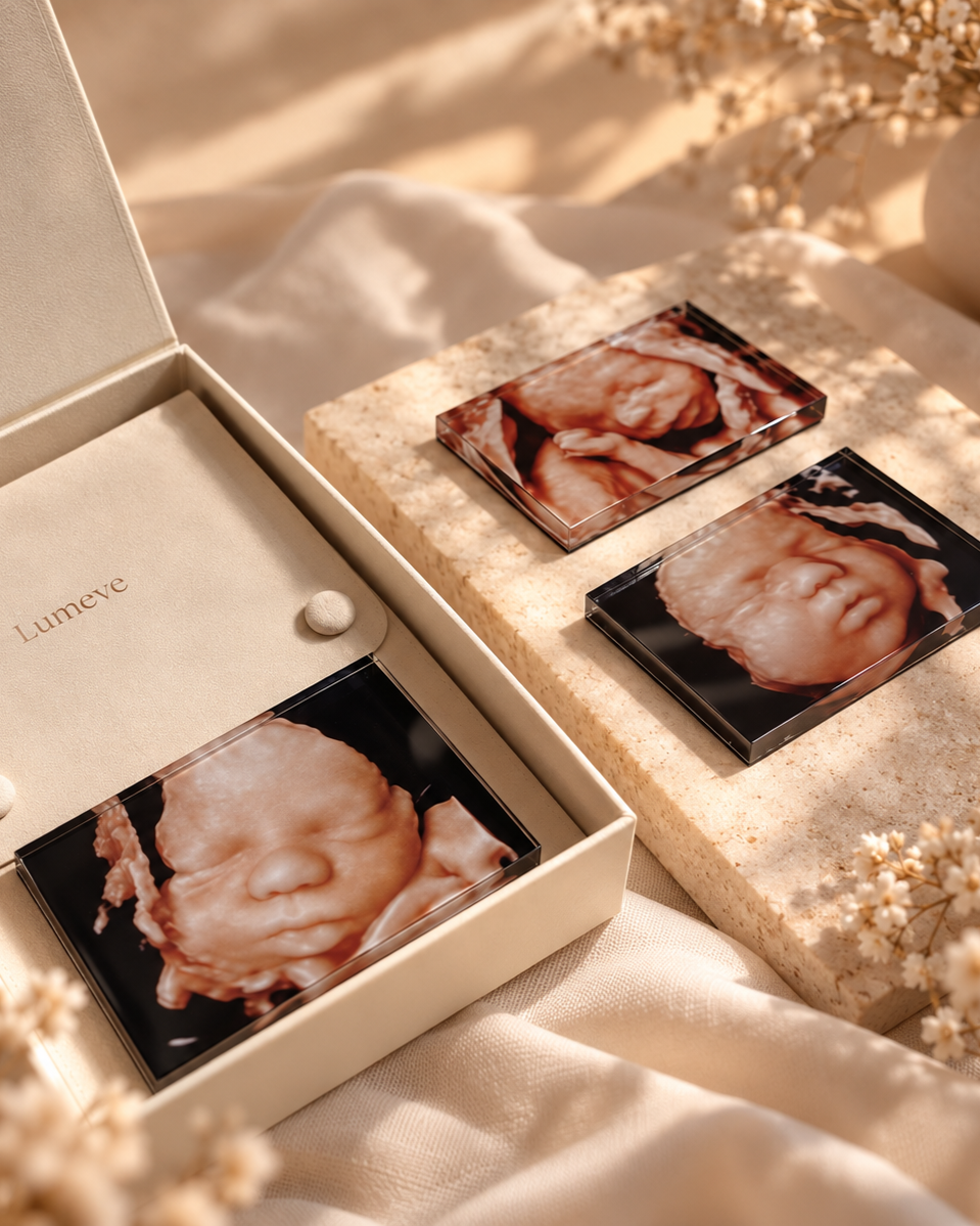 Personalised Lumeve Memory Tile™ created from baby ultrasound imagery, with tap-to-open digital memories.