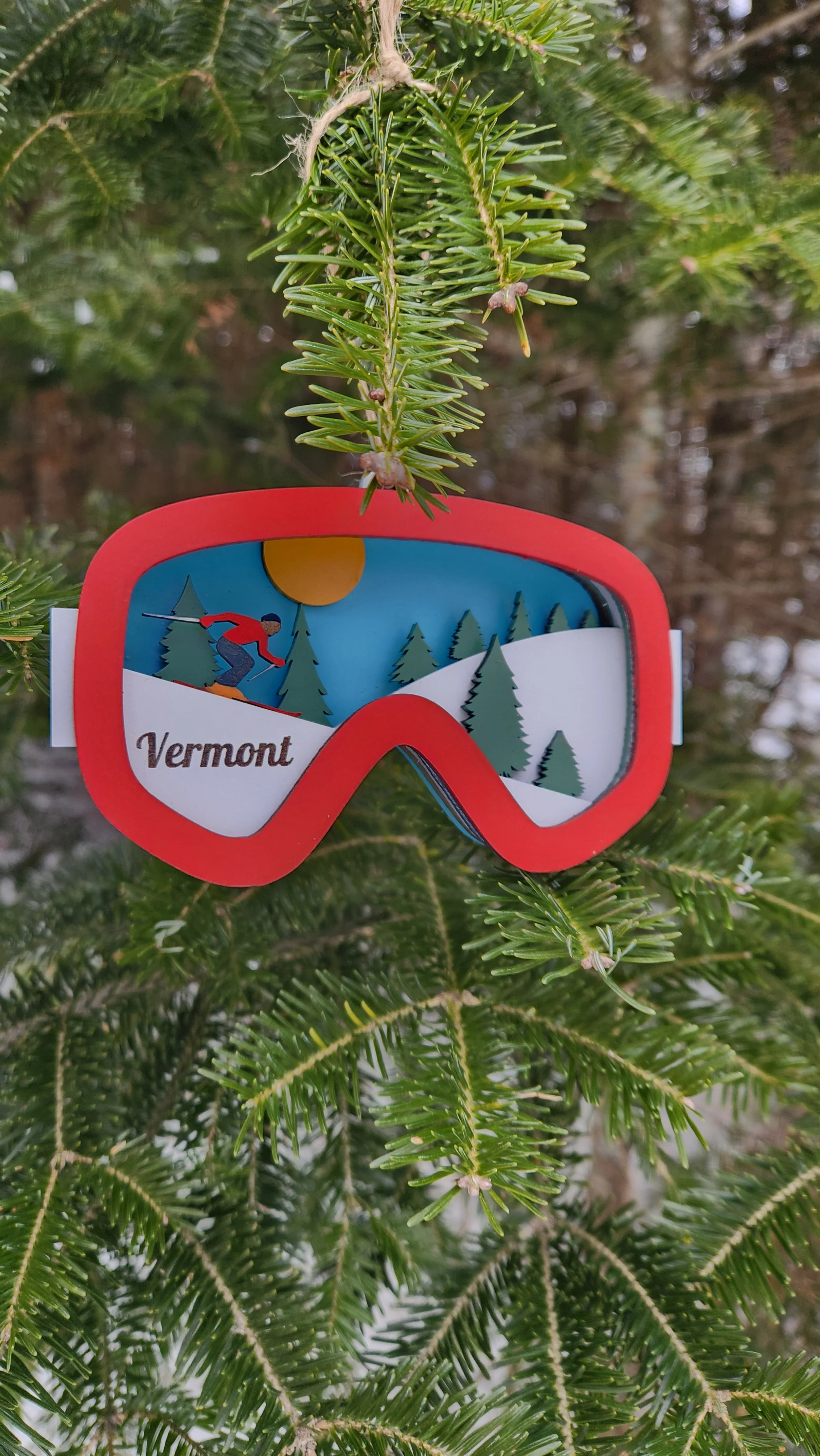 Red Vermont Ski Goggle Ornament