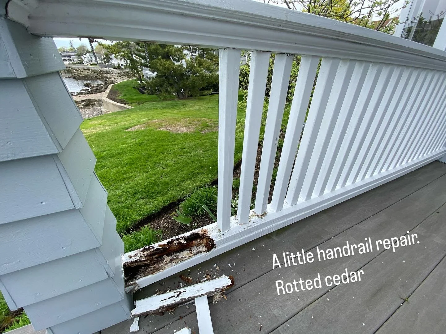 Not the most glamorous job, but repairs like these come with challenges that can make it more interesting. The repaired section needed to seamlessly match the rest of the handrail. I replaced old rotted cedar balusters with new cedar ones, and custom