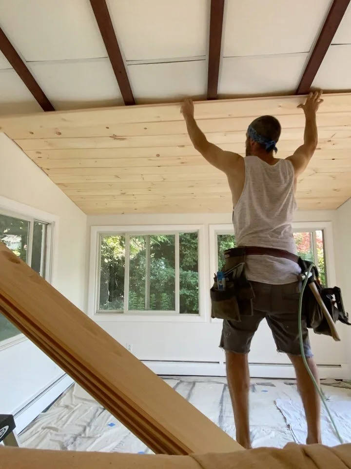 Pine tongue and groove beadboard ceiling. I love the look of the knots and natural imperfections of the wood. There are other knot-free products, like hemlock, that might be more the look you are going for 🔨 #carpenter #carpentry #danversma #northsh