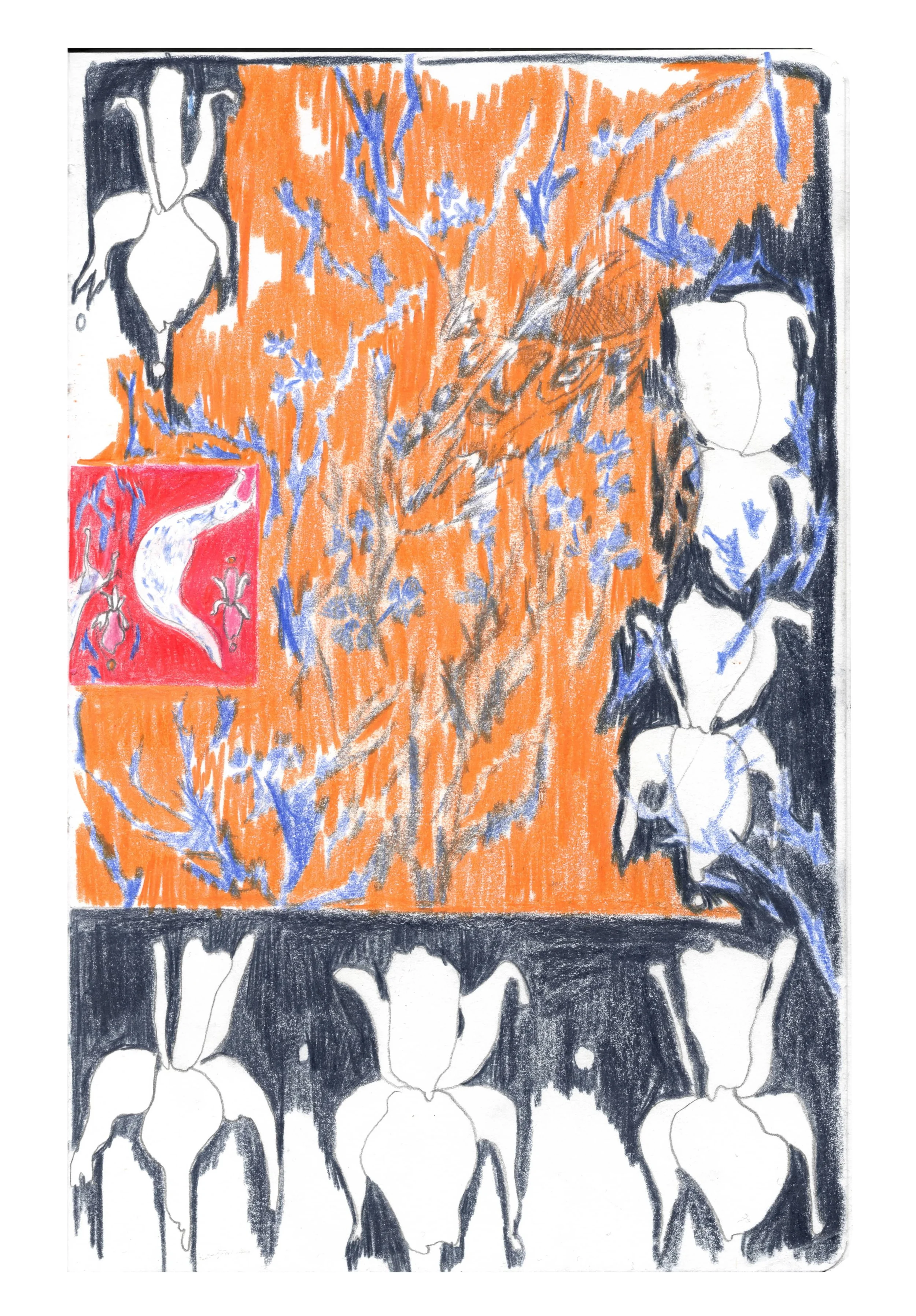 A colorful drawing with orange, blue, black, and white elements depicting an abstract scene. It includes a small red square with a white curved shape and floral patterns, surrounded by a blue background, and a row of stylized white horse-like figures