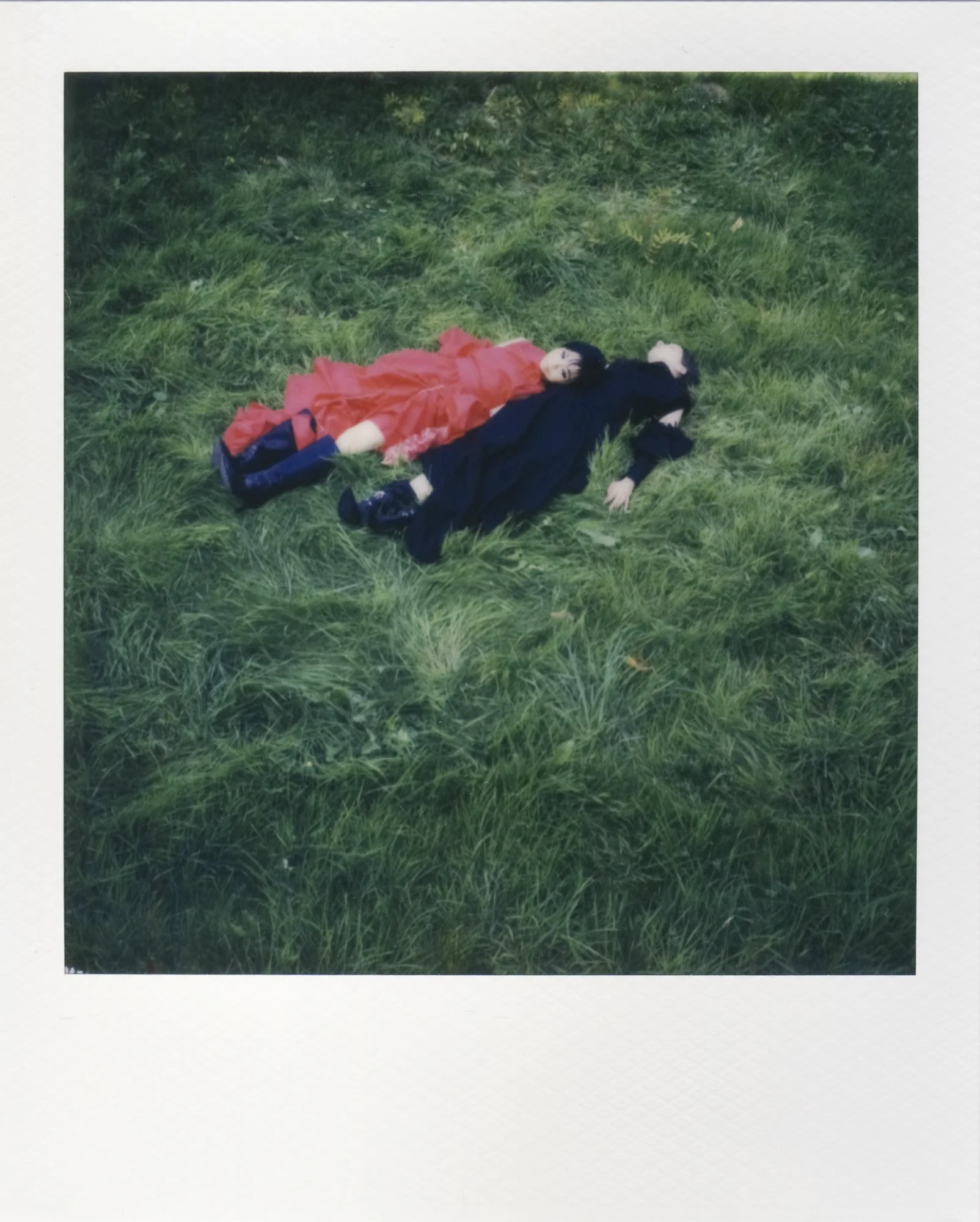 Zwei Puppen liegen auf einer grünen Wiese, eine trägt ein rotes Kleid, die andere trägt ein schwarzes Outfit.