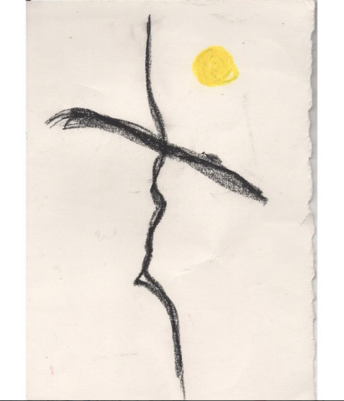 Abstrakte Zeichnung mit schwarzen Linien und einem gelben Kreis, der die Sonne darstellt.