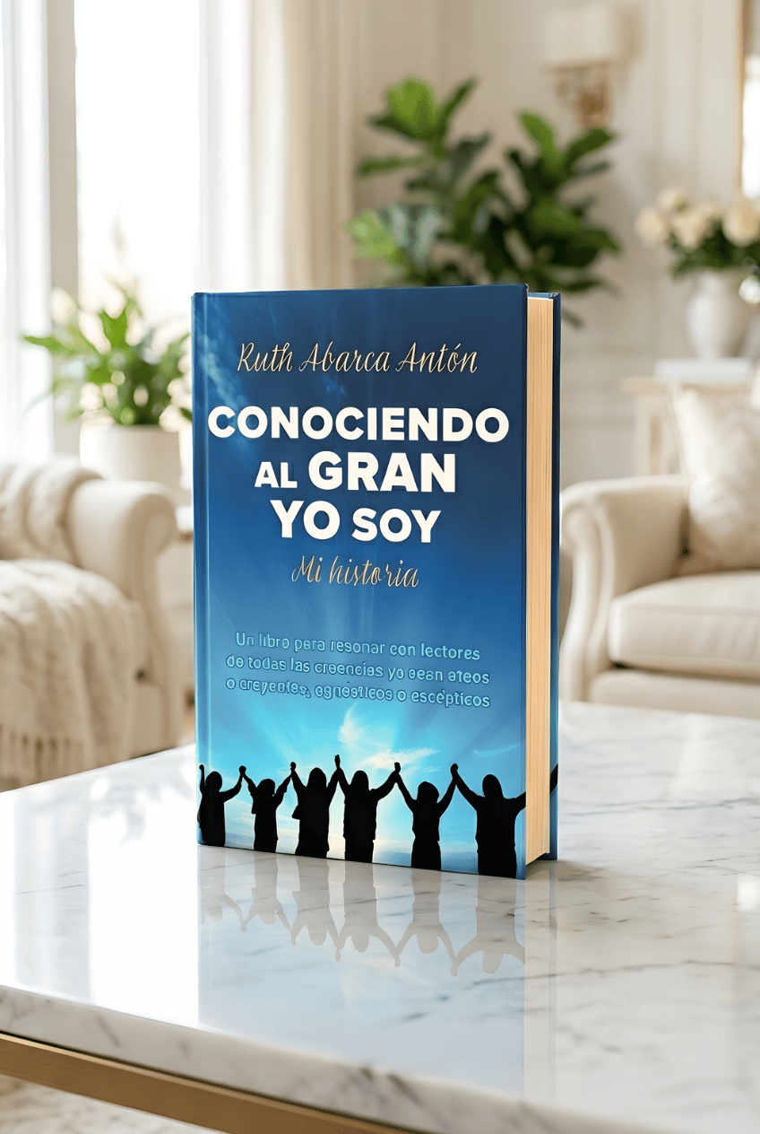 A book titled 'Conociendo al Gran Yo Soy' by Ruth Abarca Antón standing on a marble table in a bright living room with green plants and white furniture.