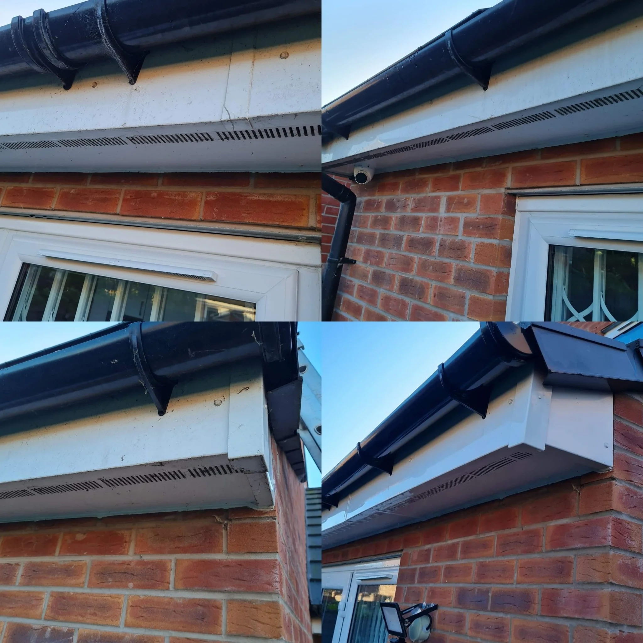 Collage of four photos showing the exterior of a house's eaves and gutter system. The photos depict the edge of the roof with black gutters, some with visible brackets, and a downspout. One photo shows a vent or camera mounted near the gutter, and the house has a brick wall with a white-framed window.