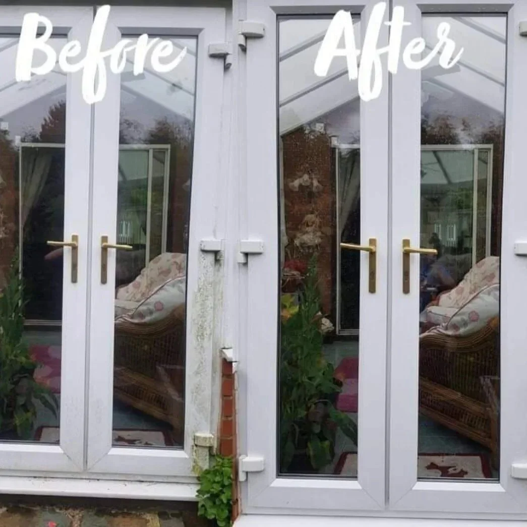 The image shows a set of double glass doors with the words 'Before' and 'After' written on top. The door on the left, labeled 'Before,' is dirty and has grime and moss on it. The door on the right, labeled 'After,' is clean and bright.