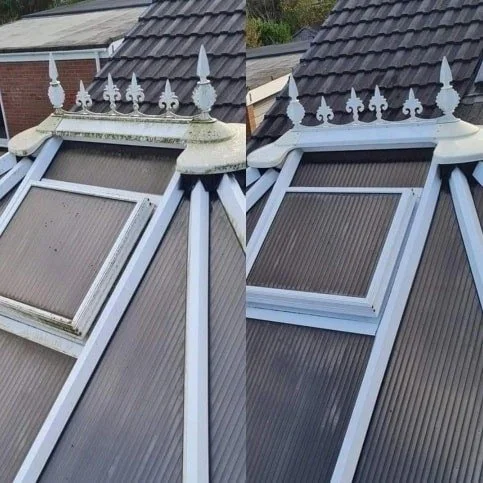 Comparison of a house roof with a decorative metal finial and a cleaner version of the same roof with less dirt or discoloration.