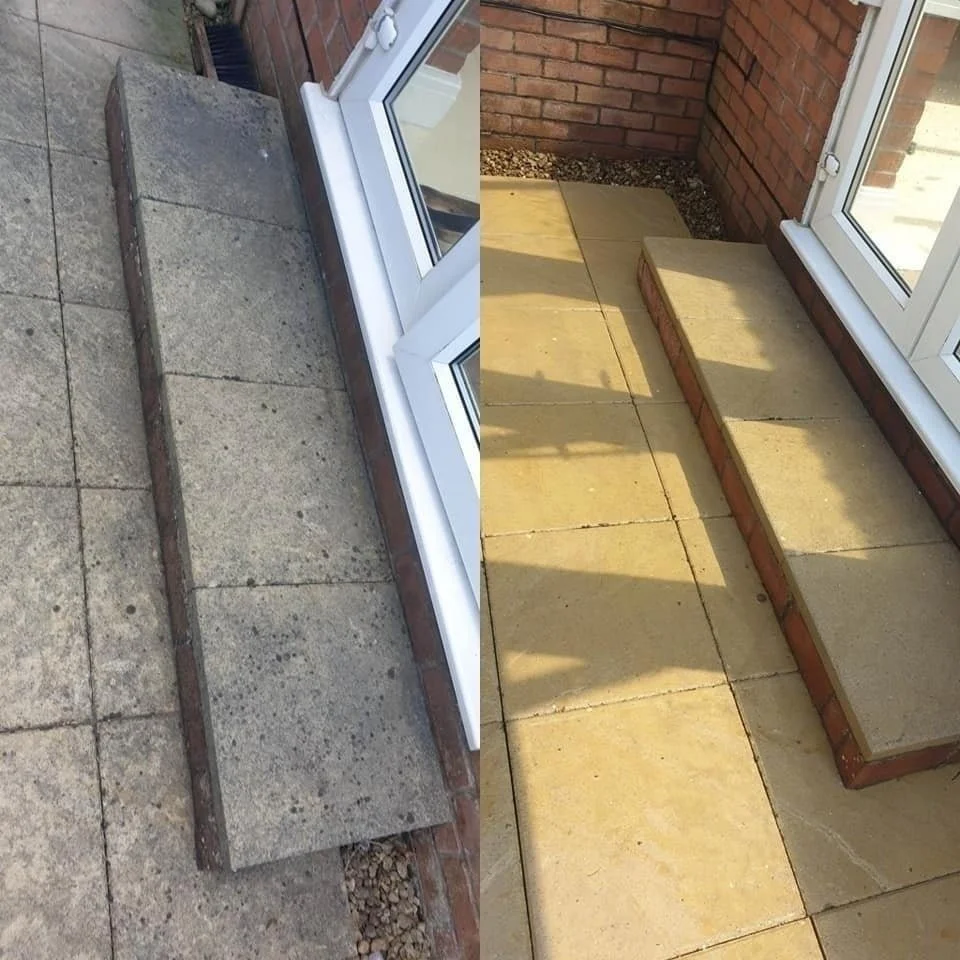 Comparison of two similar outdoor steps, before and after refurbishment. The left shows an older, worn concrete step, while the right shows a new, clean, yellowish paving stone step.