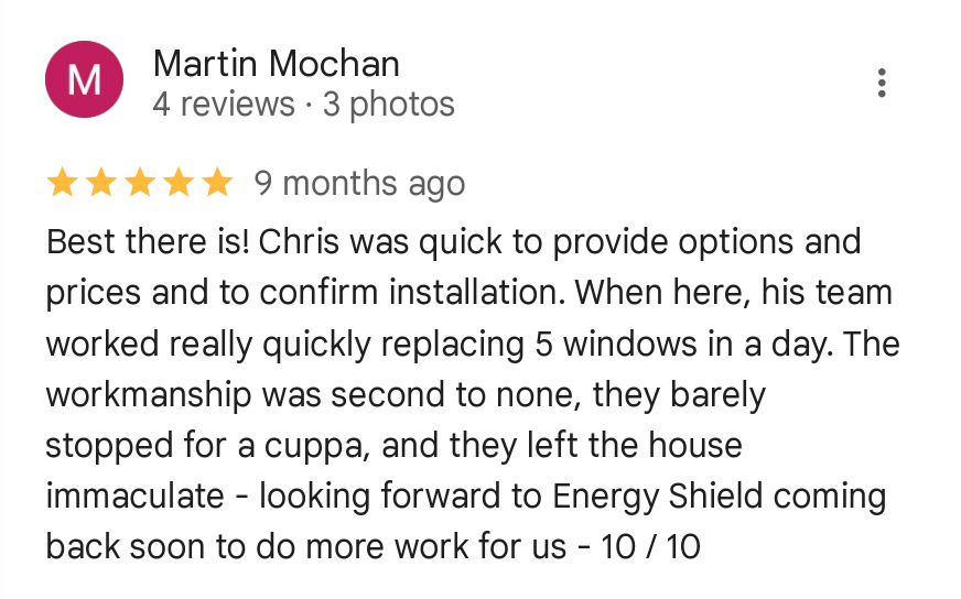 Customer review of window replacement service by Chris, praising quick work, professionalism, and quality, with a 5-star rating.