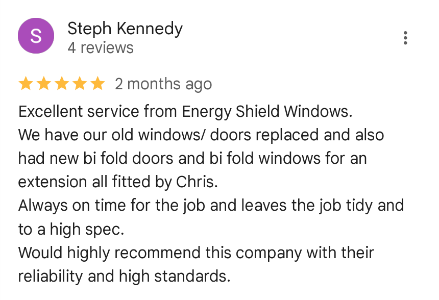 Customer Review for Energy Shield Windows with five-star rating, mentioning completed door and window replacements, punctual service, and high standards.