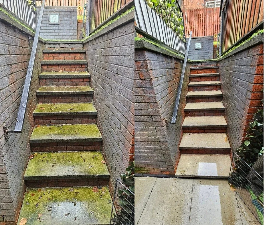 Comparison of a driveway before and after cleaning or renovation showing a stained, mossy, and dirty surface on the left and a clean, newly paved surface on the right.