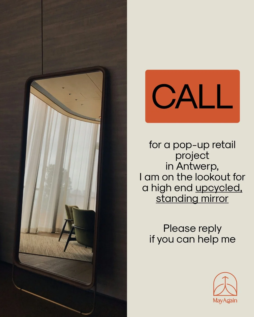 A mirror reflecting a room with a beige curtain, two chairs, and a carpeted floor.