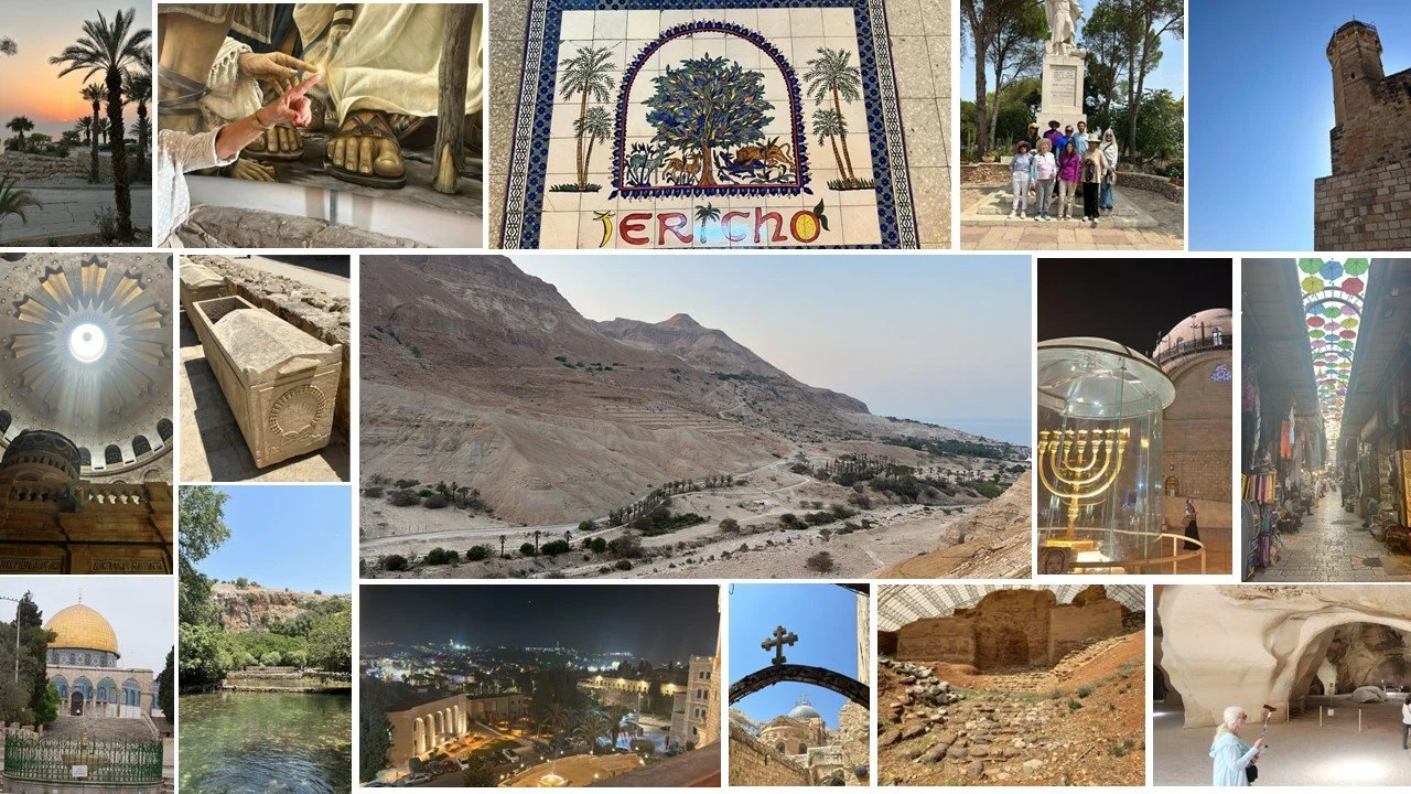 A collage of images depicting Mount Eruch in Israel, archaeological sites, historical landmarks, a marketplace, a synagogue, a church, and scenic views of the area.