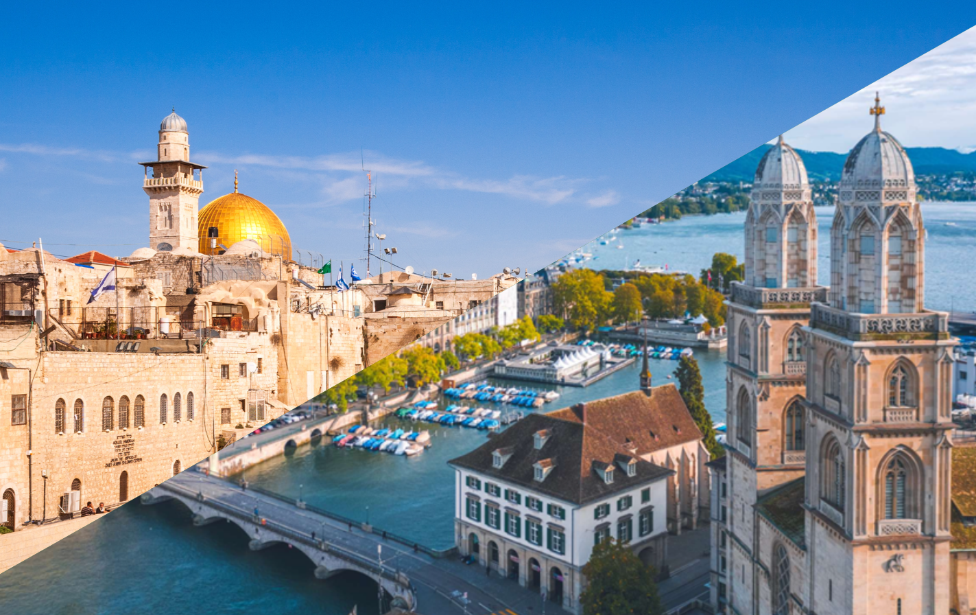 Split view of two cityscapes: one with historic stone buildings and a gold-domed tower, and the other with a waterfront area featuring a church with twin towers and parked boats.