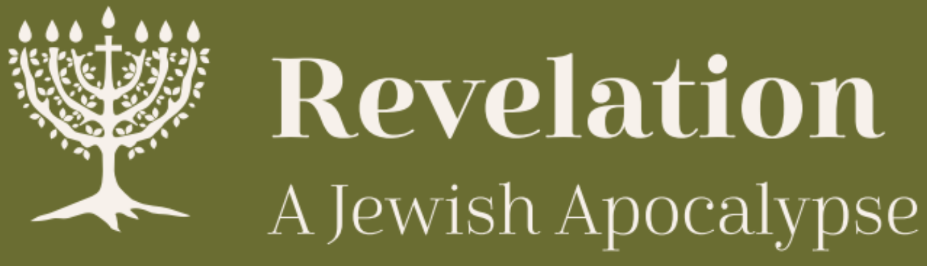 A logo with a stylized white menorah on the left and the text 'Revelation A Jewish Apocalypse' on the right, set against an olive green background.
