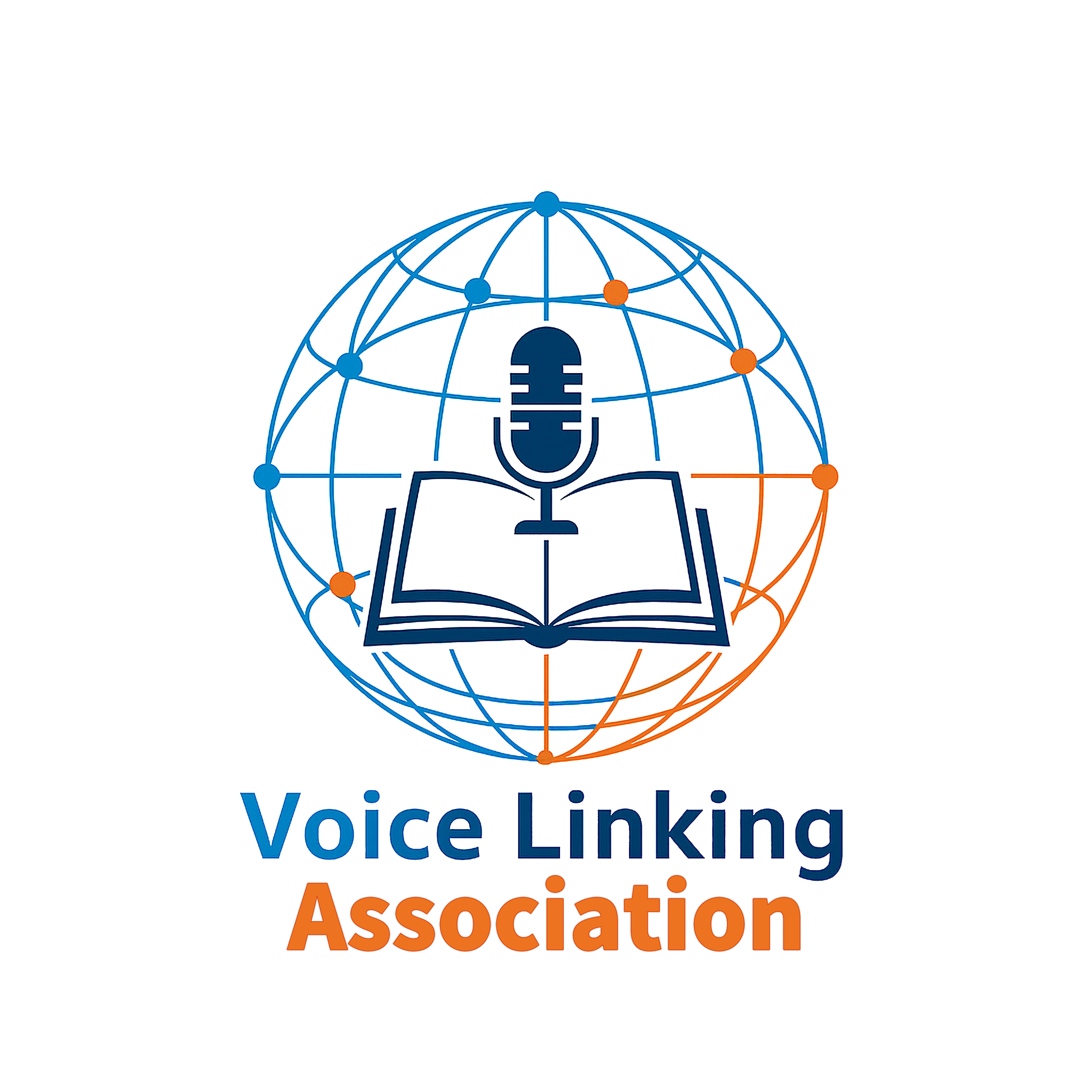 Logo for Voice Linking Association featuring a globe with interconnected lines, a microphone, and an open book. The text 'Voice Linking Association' appears below in multicolored letters.