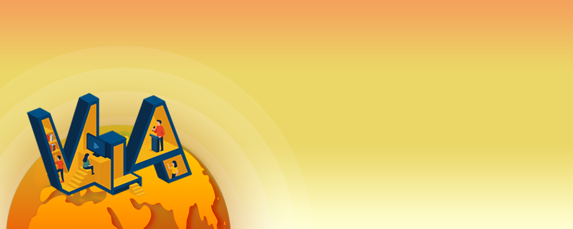 Digital illustration showing the word "VIA" with small people and objects inside and around it, representing communication or connectivity, with a stylized globe in warm tones in the background.