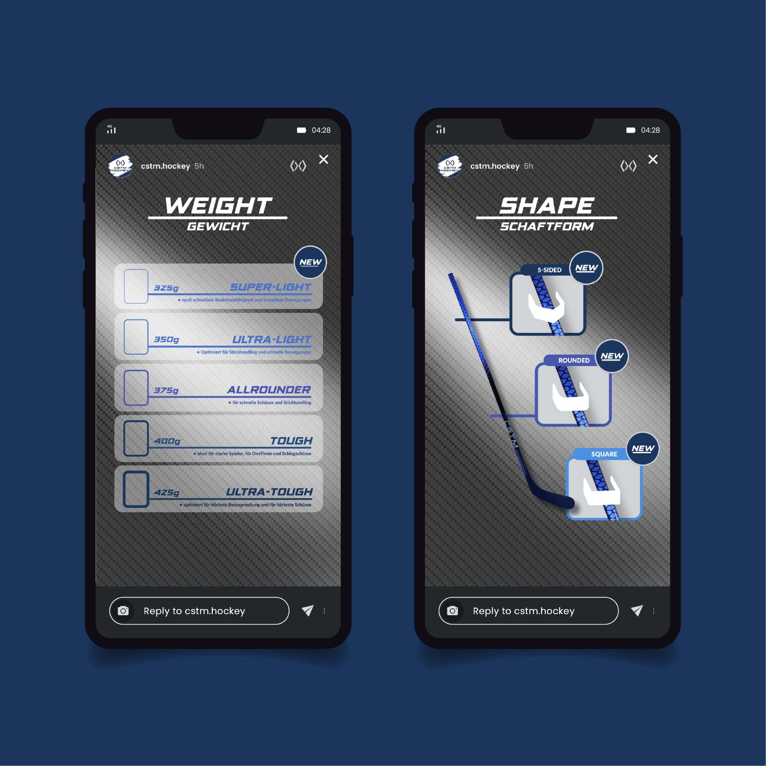 Zwei Handy Mockups auf dunkelblauen Hintergrund mit jeweils einem Beispiel einer SocInstagram Story. In diesen Instagram Storys geht es um das Gewicht und die Form des Hockey Schlägers. Man sieht eine grafische Darstellung der verschiedenen Merkmale.