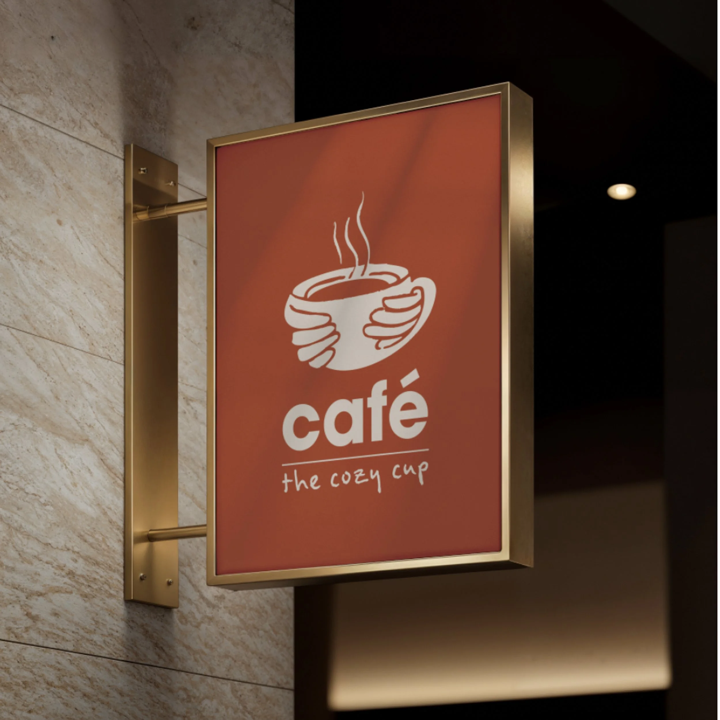 Ein leuchtendes Werbeschild eines Cafés mit einem Logo von einer dampfenden Tasse Kaffee, begleitet vom Schriftzug "the cozy cup".