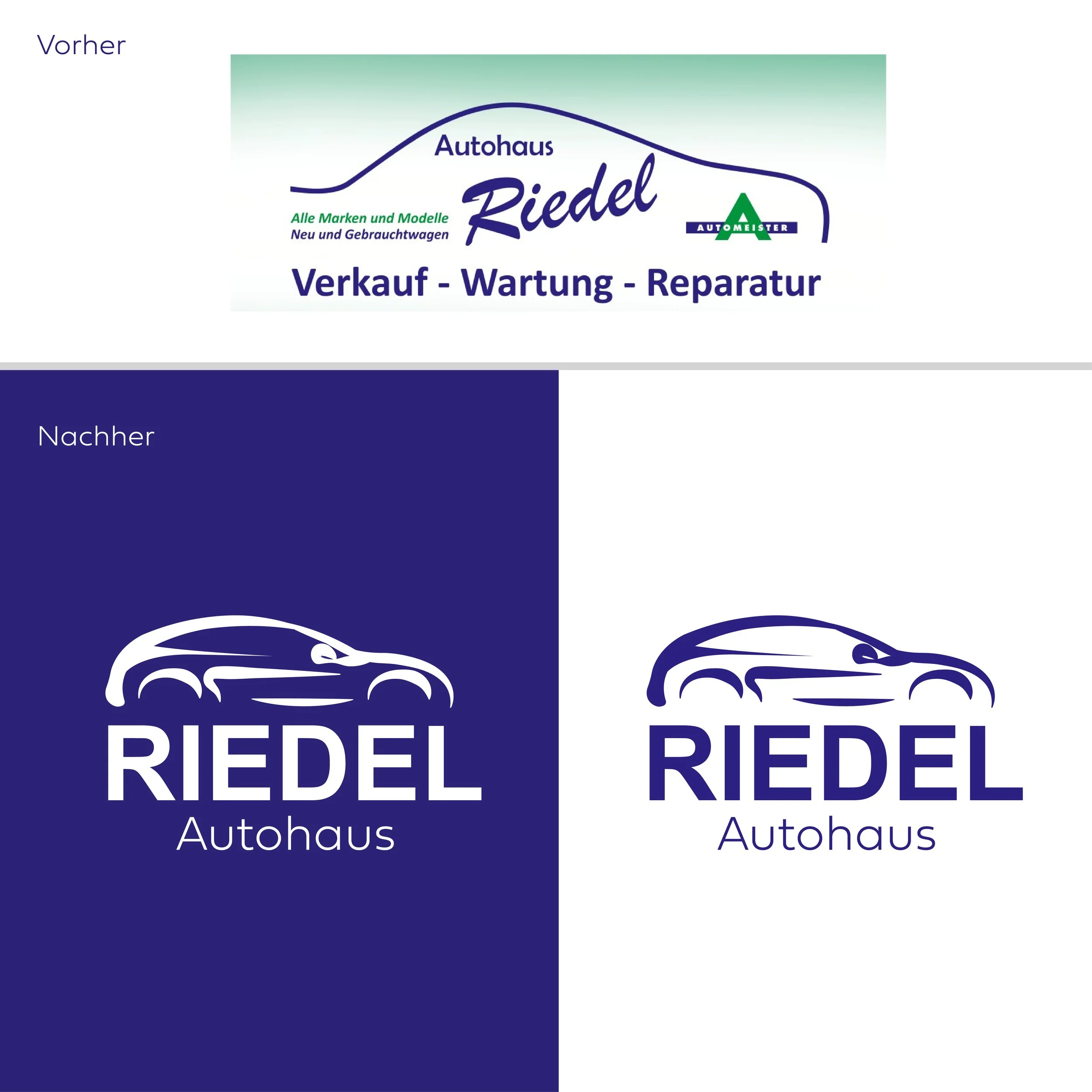 Vorher-Nachher Vergleich der Logos Gestaltung für ein Autohaus, beide mit einem stilisierten Autokontur und dem Text 'Riedel Autohaus'.