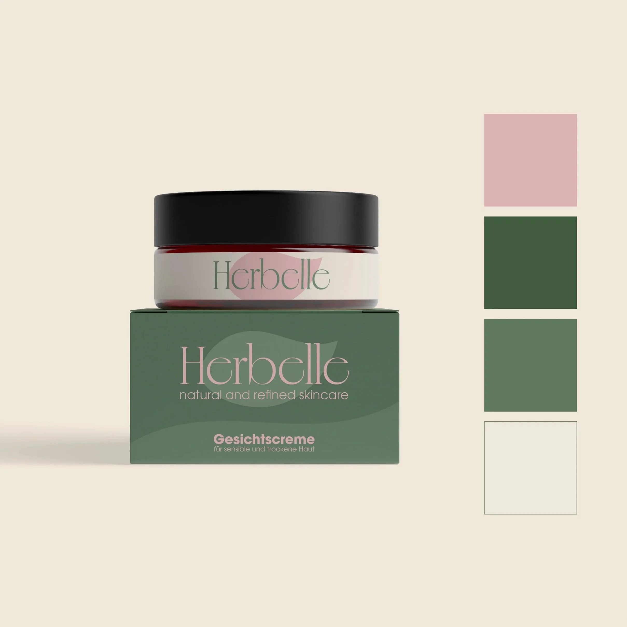 Grüne Verpackungsschachtel und Dose mit rosa weißer Beschriftung und Logo für Herbelle Gesichtspflege, ein Natur- und Qualitätsprodukt für sensible Haut. Man sieht das Packaging Design, sowohl das Produkt ist gestaltet als auch die Schachtel.