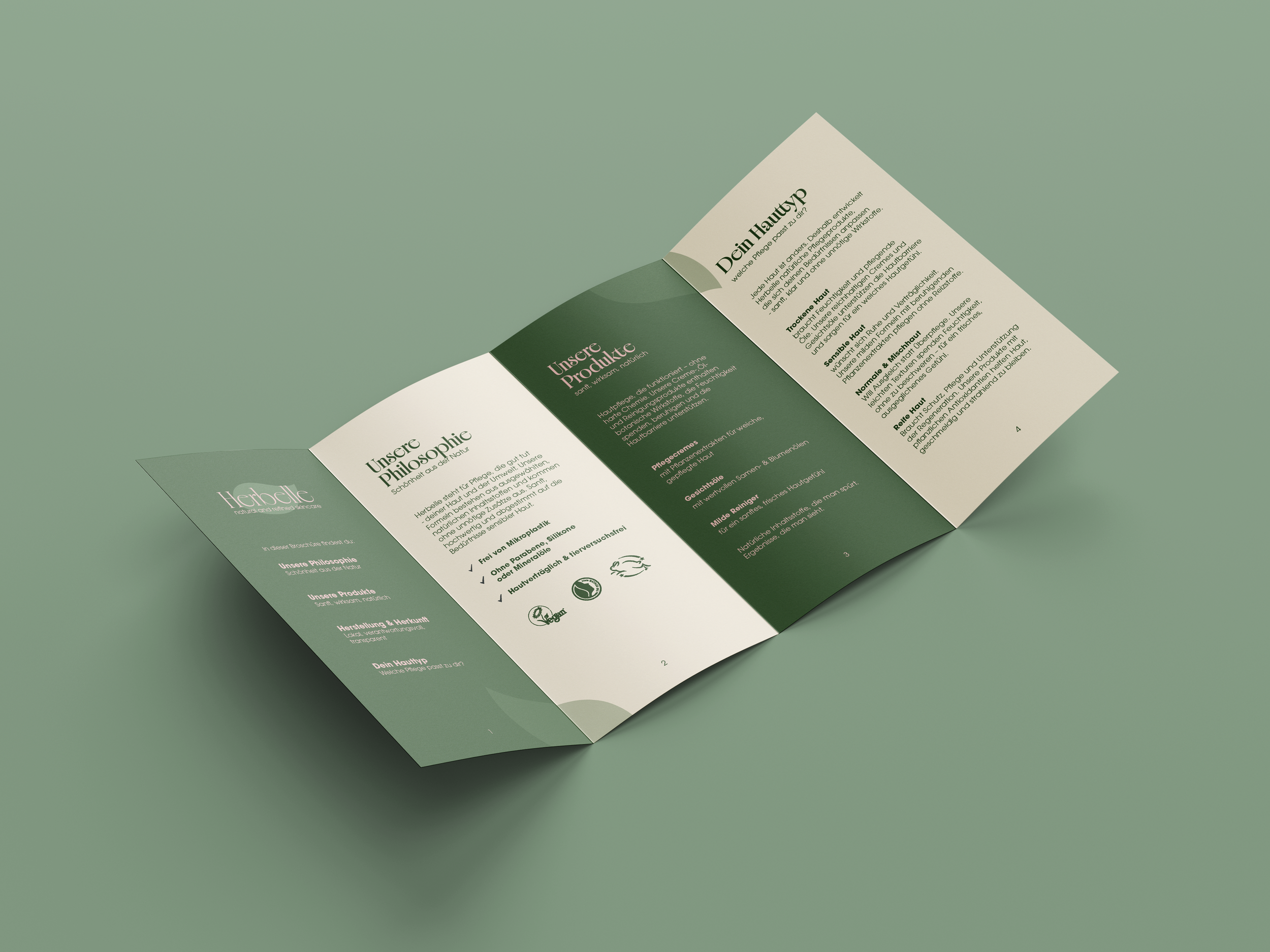 Ein faltbarer Flyer designed mit Informationen über Hautpflege, auf hellem grünen Hintergrund.