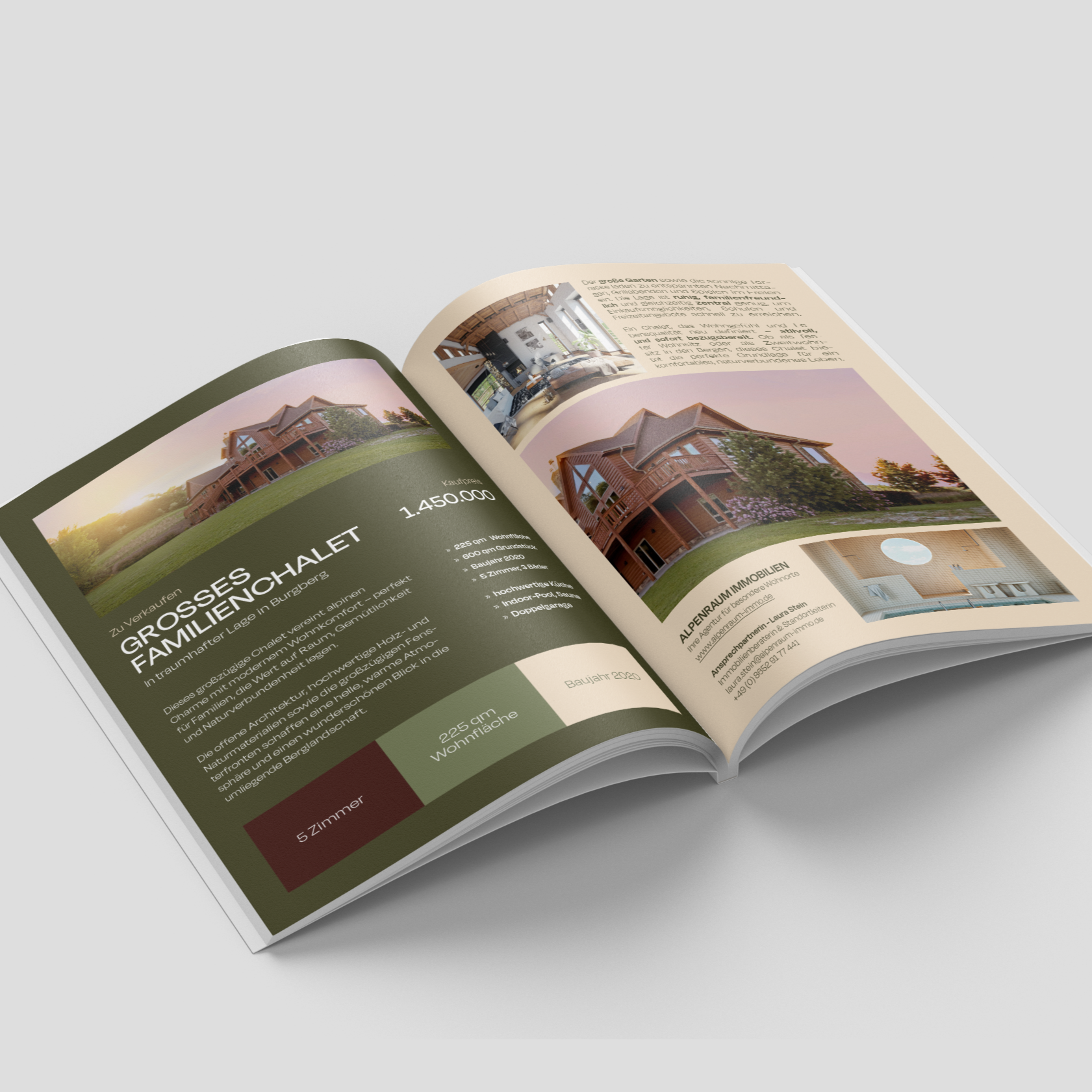 Offen gestaltetes Immobilienexposé mit Fotos eines großen Familienhauses, Beschreibung, Verkaufsdetails und Kontaktinformationen auf deutsch.