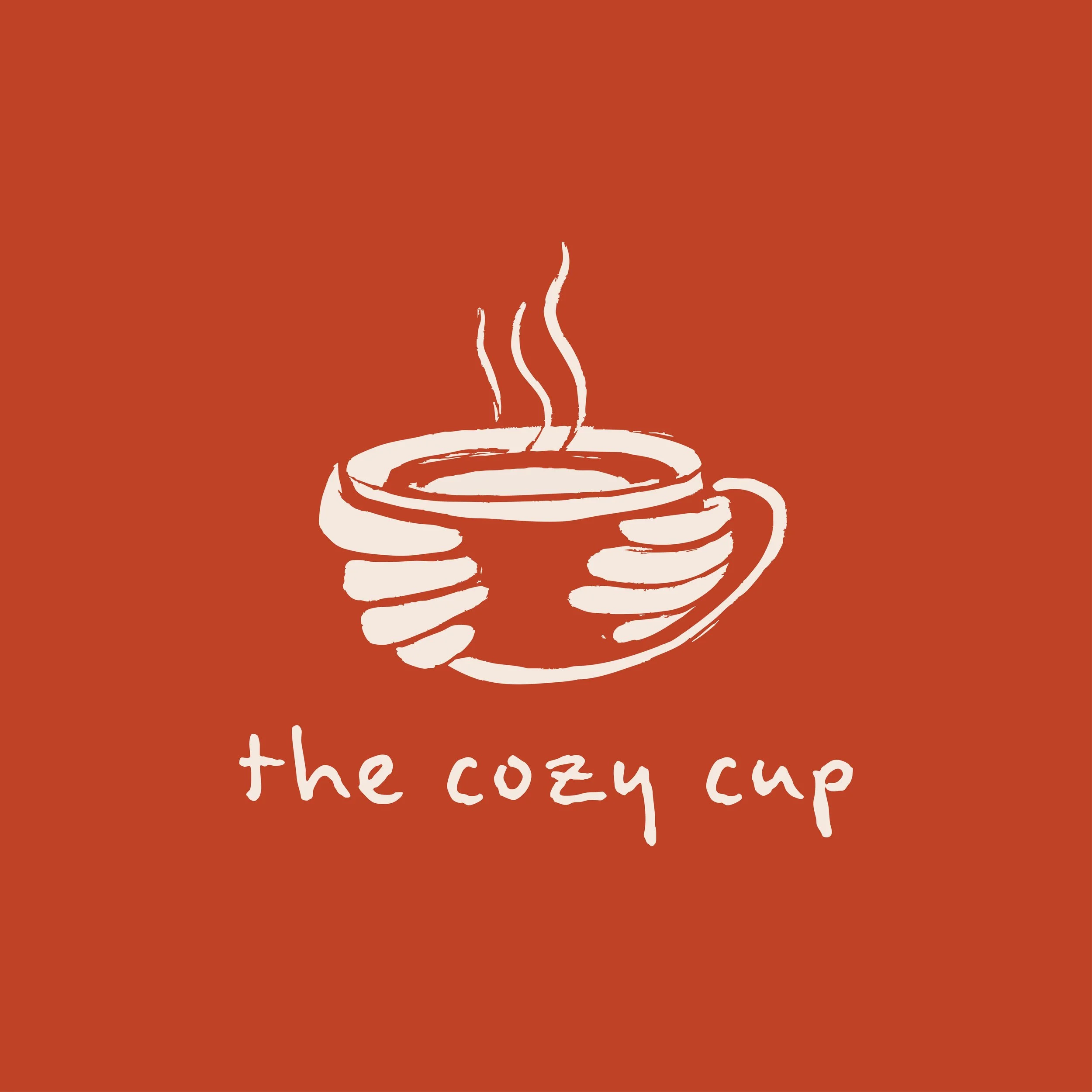 Logo Illustration einer Hand, die eine dampfende Tasse hält, mit dem Text 'the cozy cup' darunter auf einem orangefarbenen Hintergrund.
