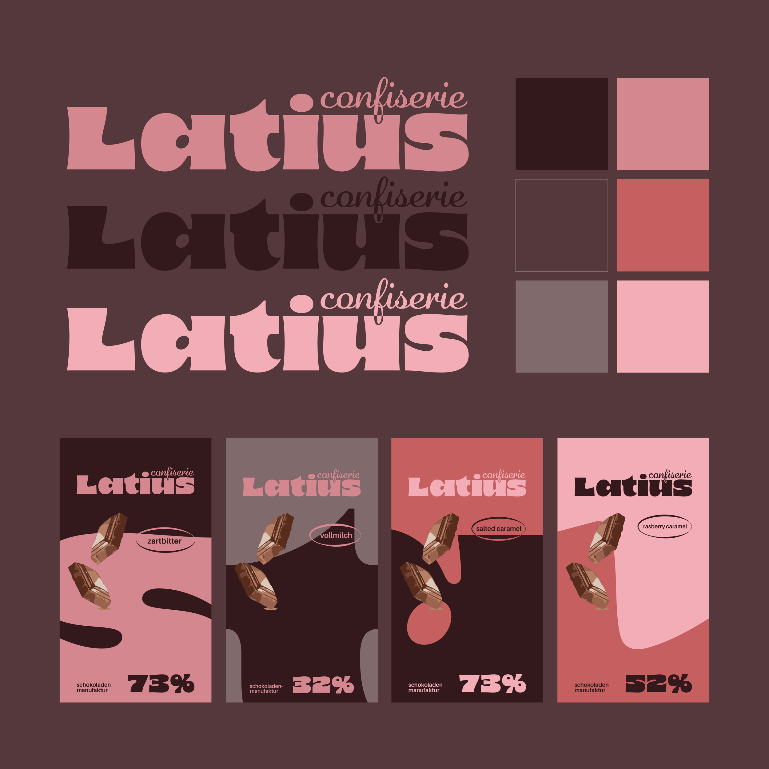 Verpackungen, deren Gestaltung und Designrichtlinien der Latius Confiserie Schokolade, auf braunem Hintergrund mit Farbapplikationen. Bunte moderne Gestaltung und Design in Rosa- und Brauntönen.