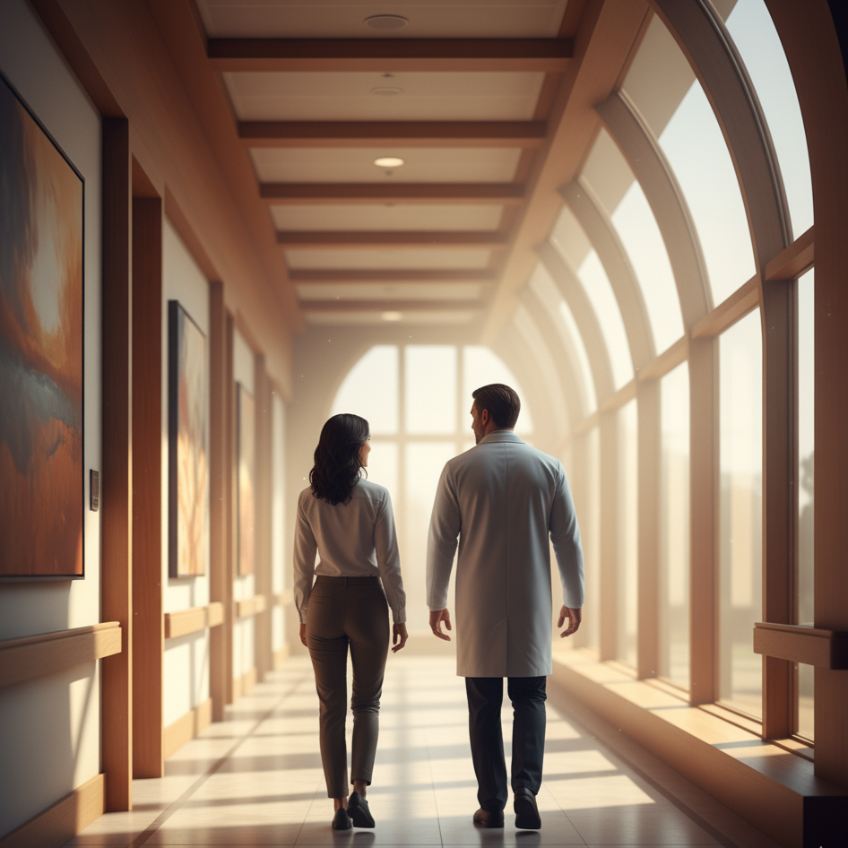 Two professionals, a woman and a man, walking and talking in a well-lit hallway with large arched windows and artwork on the walls.