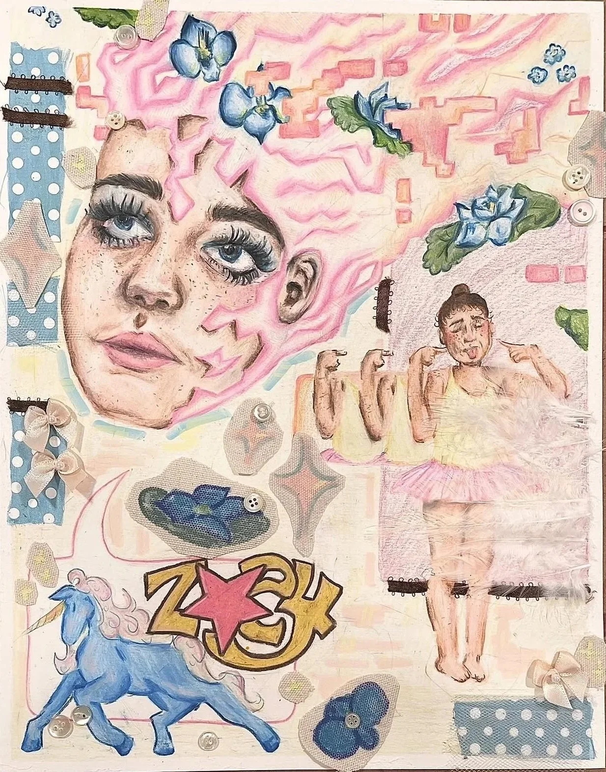 Mixed media collage artwork featuring a large, detailed woman's face with blue eyes and makeup, blue flowers, a blue unicorn, a dancing woman in a tutu, and various decorative elements such as polka-dot fabric, buttons, and glitter.
