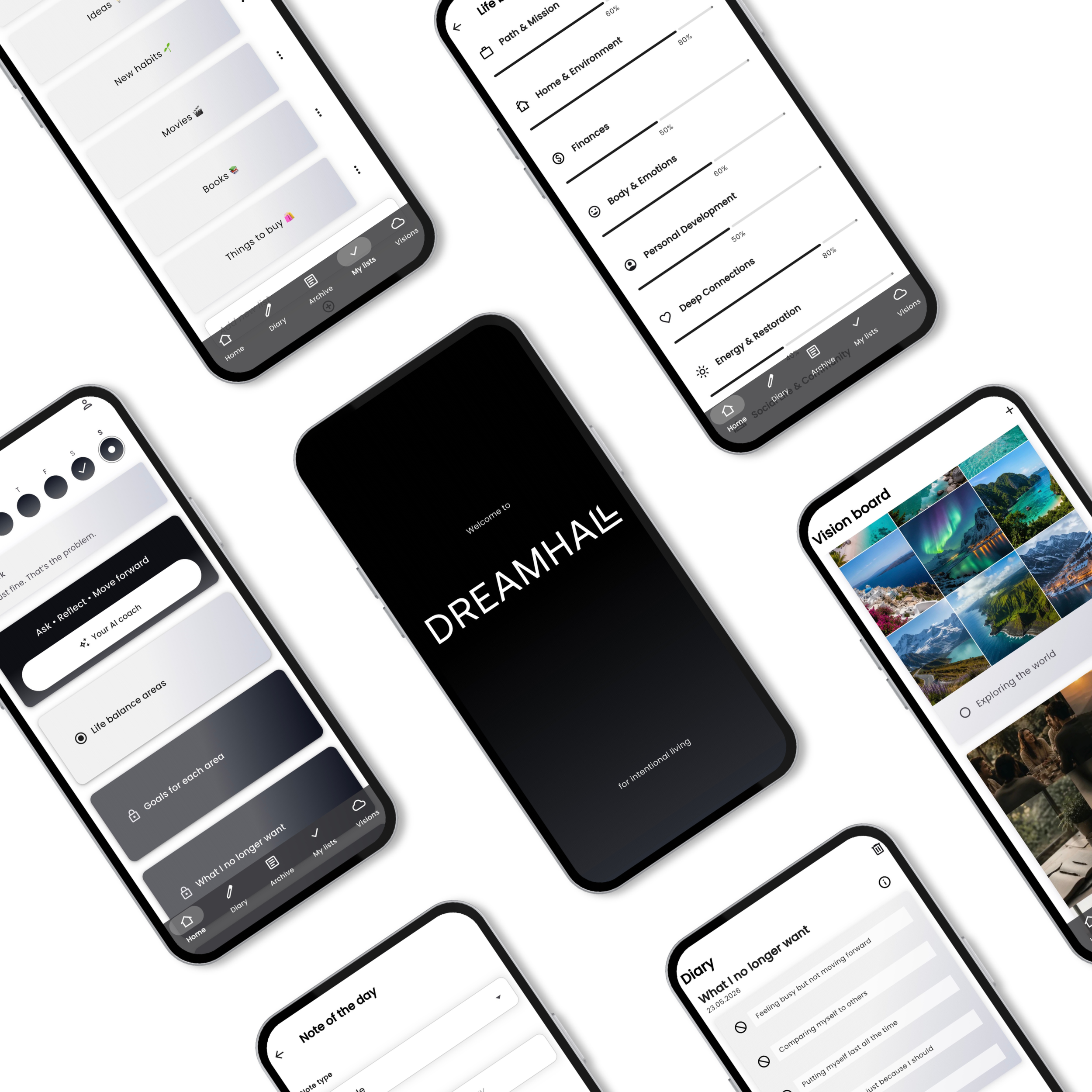 DREAMHALL app screens showing self-reflection tasks and life balance overview