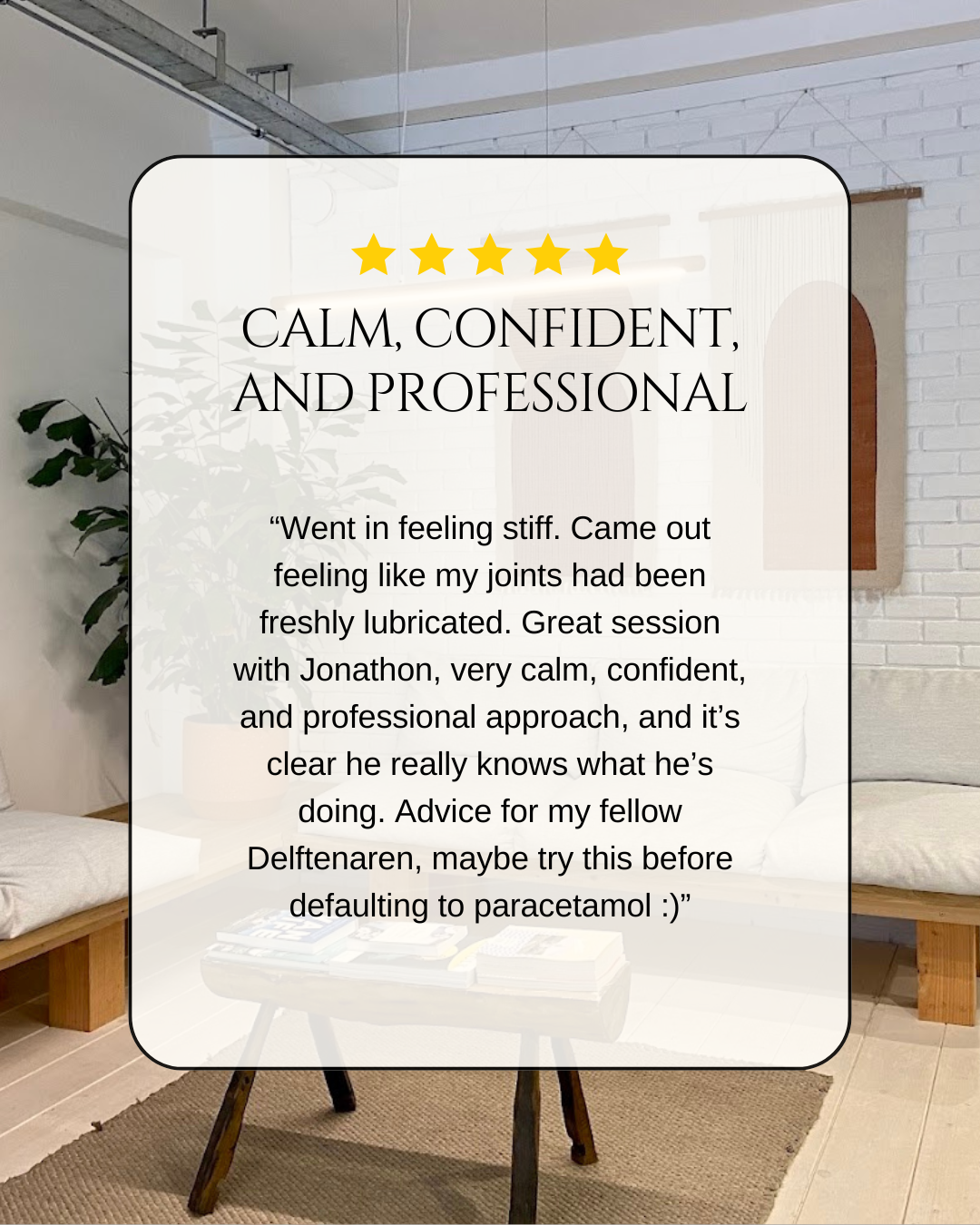A review overlay on a modern living room with white brick walls, a hanging light fixture, a small table, a couch with cushions, and a plant. The review has five stars and describes a positive experience with a chiropractor named Jonathon Narlock