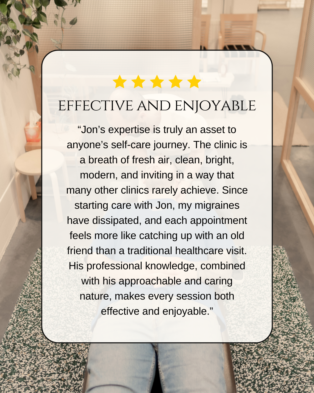 Customer review emphasizing the effectiveness and enjoyment of a healthcare clinic experience, mentioning personalized care, a modern atmosphere, and professional staff. Ethos Chiropractic Delft Netherlands