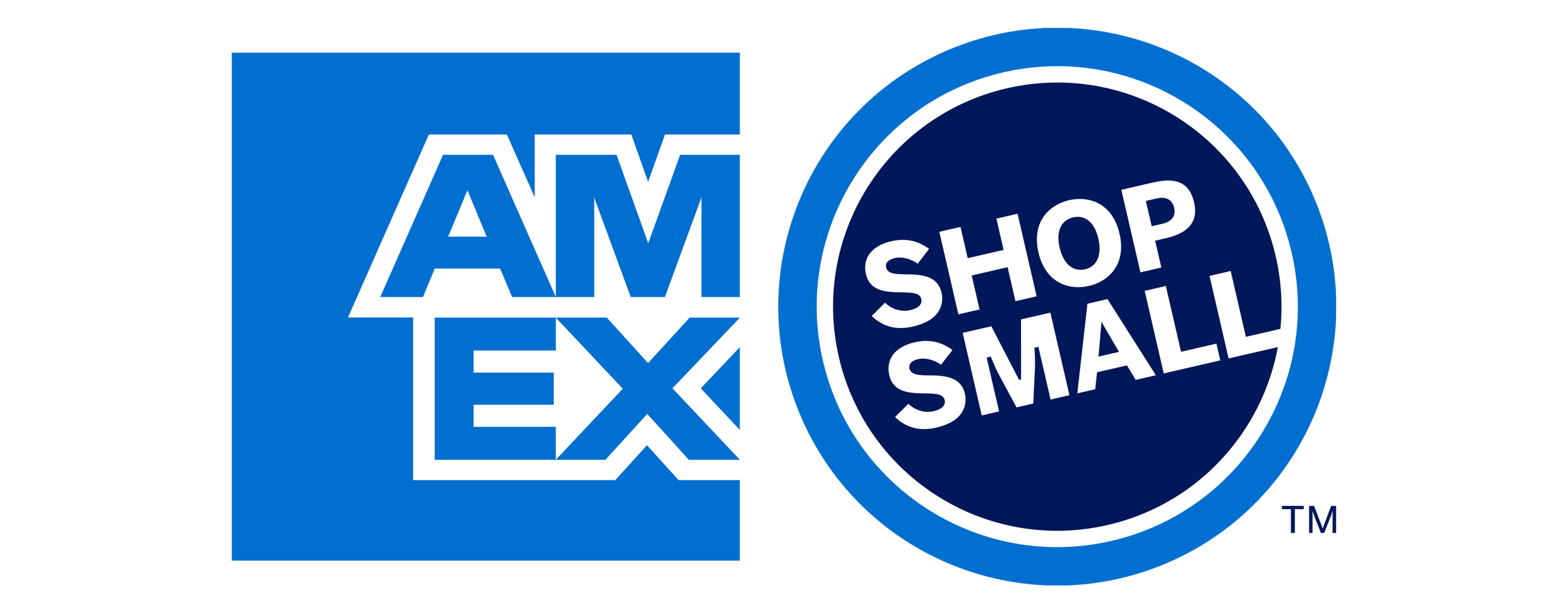 A logo with the text 'AMEX' on the left and a circular badge with 'SHOP SMALL' on the right.