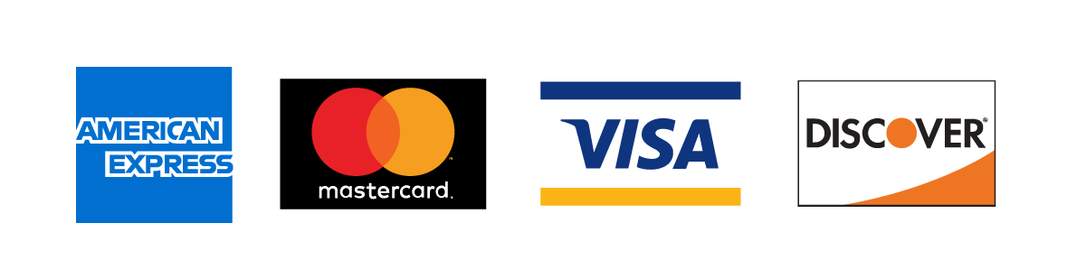 Logos of American Express, Mastercard, Visa, and Discover credit cards.