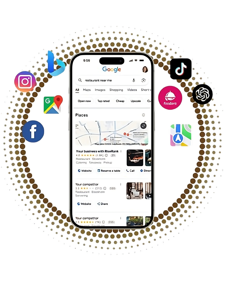 Smartphone displaying Google search results for 'remittance near me', surrounded by icons of social media and communication apps like Instagram, Facebook, TikTok, Google Maps, and other apps.