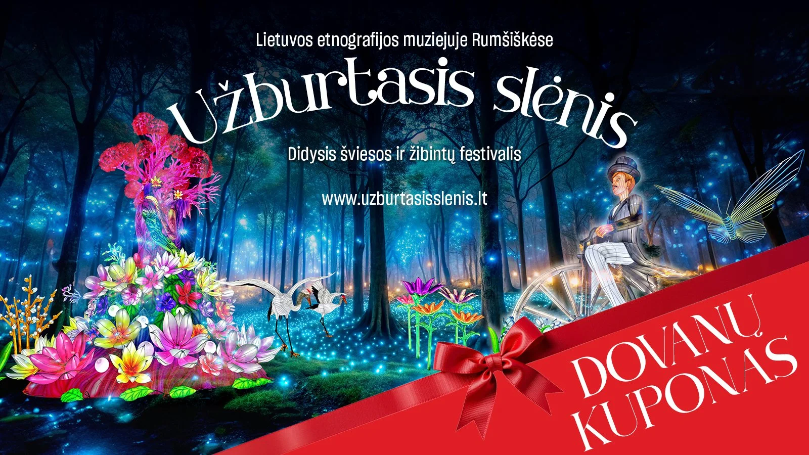Colorful festival poster for Uzburtais slenis in Rumsiskes Lithuanian Ethnographic Museum, featuring illuminated fantasy forest scene with flowers, cranes, fairy, and a man on a bicycle, with red ribbon and gift coupon overlay.