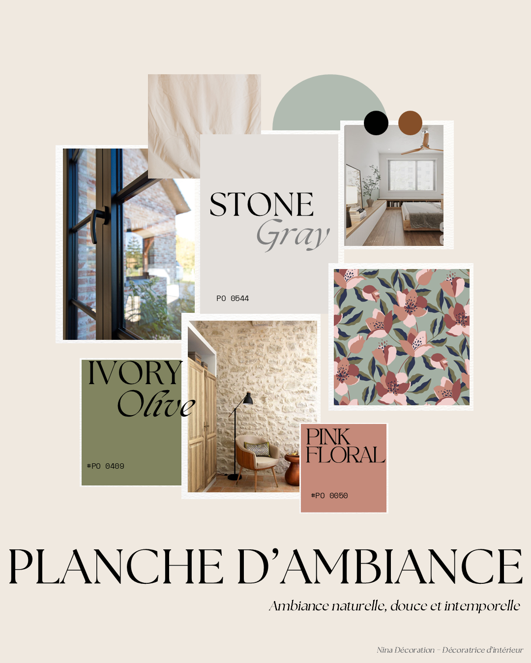 Une planche d'ambiance avec des échantillons de couleurs et textures pour la décoration intérieure, comprenant des teintes de gris, ivoire, rose floral, ainsi que des images de fenêtres, des murs en pierre, et des motifs floraux.