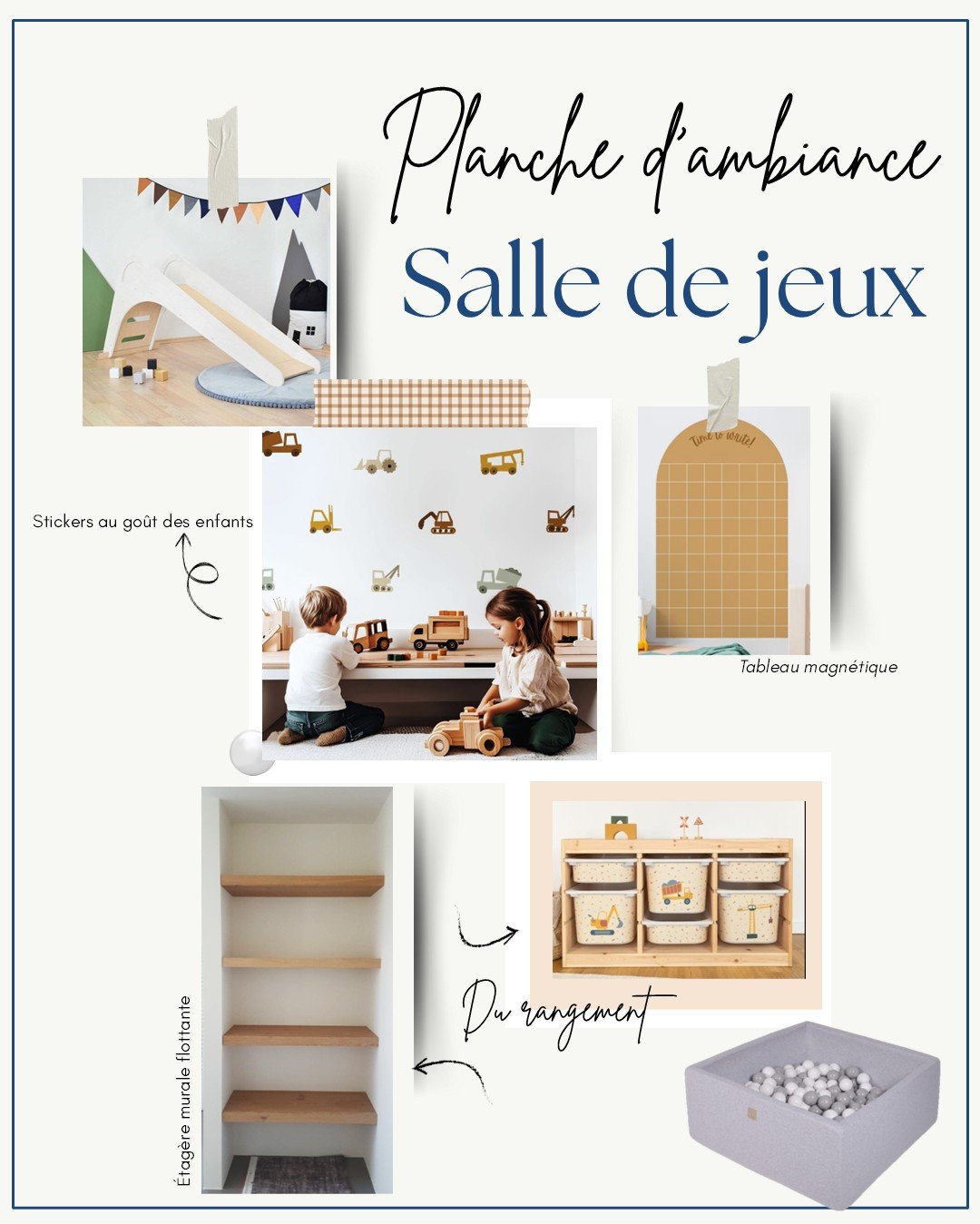 Une affiche présentant une salle de jeux pour enfants avec des décorations et du mobilier en bois, des stickers de véhicules, des boîtes de rangement et une aire de jeux avec des balles, qui crée une ambiance ludique et accueillante.