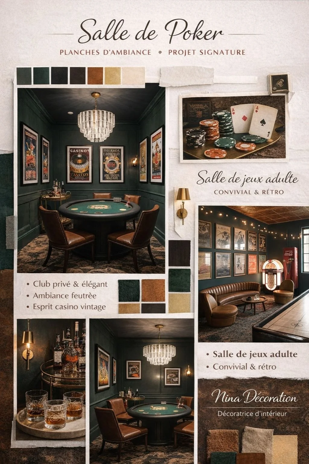 Une brochure présentant une salle de poker élégante et un espace de jeux adulte rétro, avec des images de décoration intérieure, des tables de jeu et des affiches vintage.