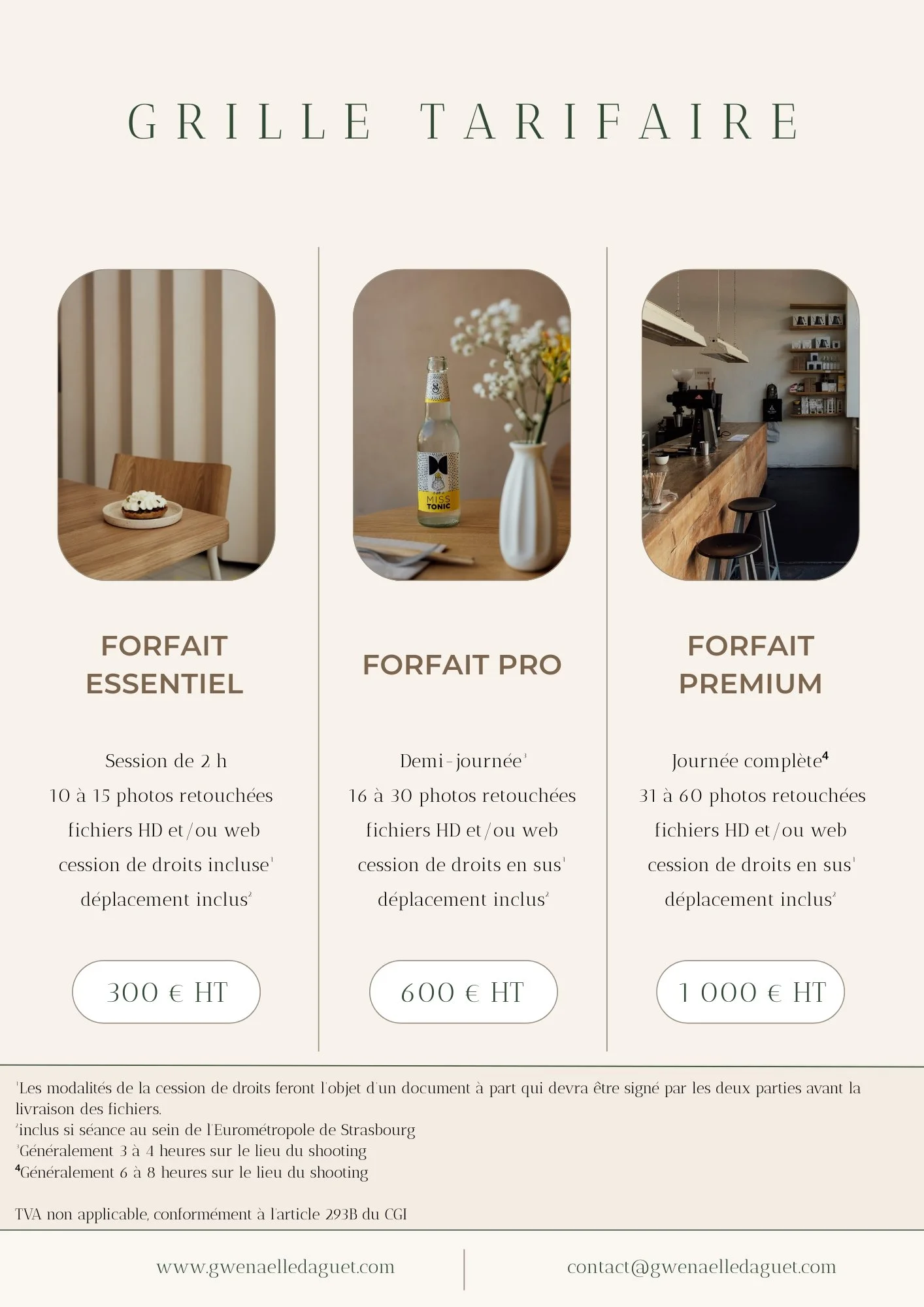 Tarifs pour services de photographie, incluant trois forfaits : Forfait Essentiel, Forfait Pro et Forfait Premium avec détails sur la durée, le nombre de photos, la cession de droits et les prix.
strasbourg, Grand Est, alsace, architecture intérieure