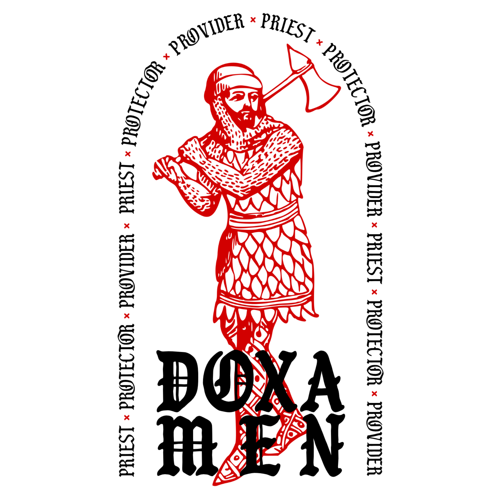 A red and black graphic design featuring a medieval priest holding an axe, surrounded by the words 'Protector,' 'Priest,' 'Provider,' and 'Priest' repeated in a circular pattern. Below, in bold black letters, the words 'Doxa Men' are displayed.