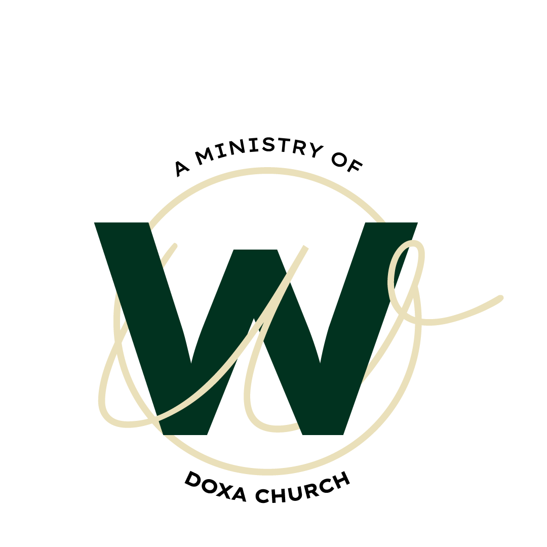 Stylish logo with a large green letter W inside a beige circle, with elegant beige script around it on a black background.
