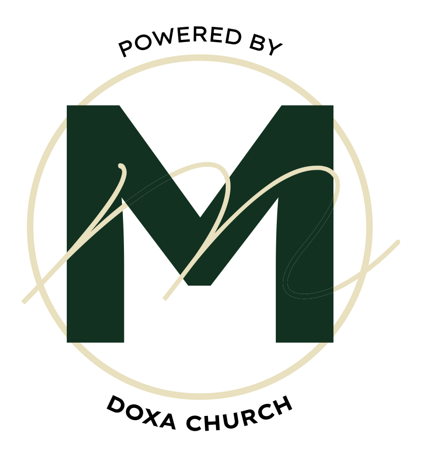 Logo for Doxa Church, featuring a large dark green letter "M" with a beige script "M" overlay, and the text "Powered by" at the top and "Doxa Church" at the bottom, all enclosed in a beige circular outline.