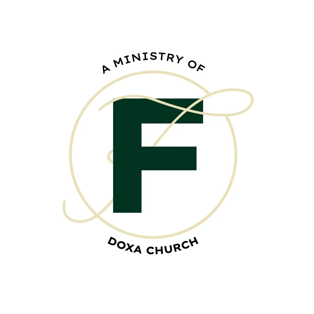Logo for Doxa Church with a large dark green letter F in the center, encircled by a light gold line and the words "A Ministry of Doxa Church" around the top and bottom.